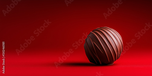 chocolates candy in round shape with chocolate or caramel drizzle, placed on vibrant red background