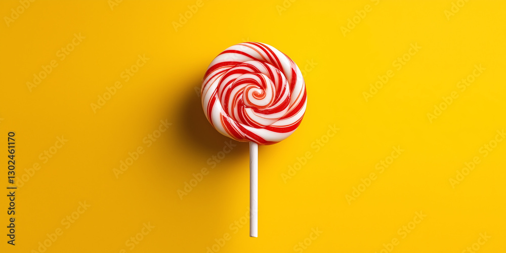 A single striped red and white lollipop candy, placed on a pastel yellow background A single striped red and white lollipop candy, placed on a pastel yellow background