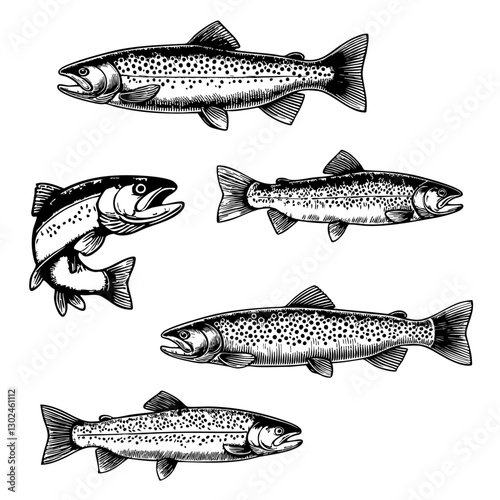 Silhouette vector trout fish set