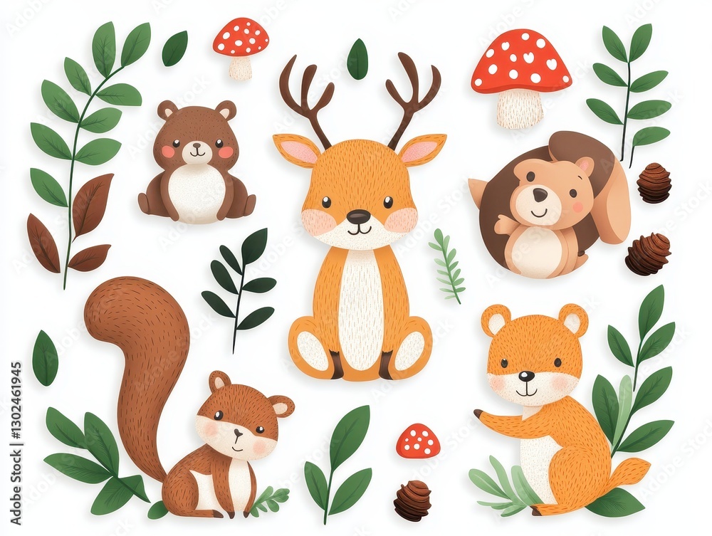 Naklejka premium Cute woodland animals including a deer, bear, squirrel, and hedgehog surrounded by foliage and mushrooms
