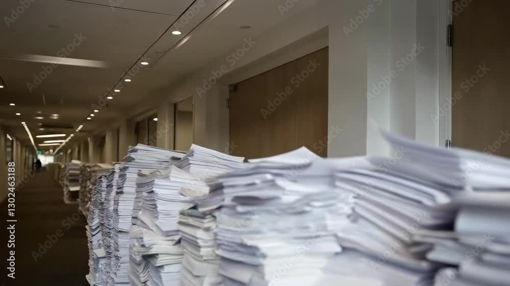 A large pile of paper in an office, Overflowing documents and papers, A large pile of paper documents sits in an office hallway