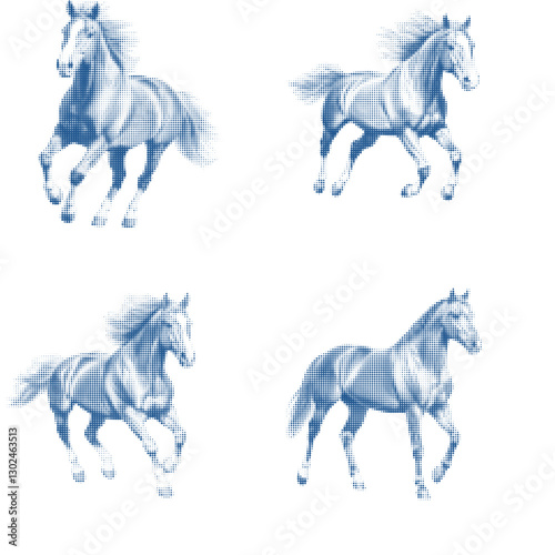 Blue and White Vector Illustration of Galloping Horses in Dynamic Poses