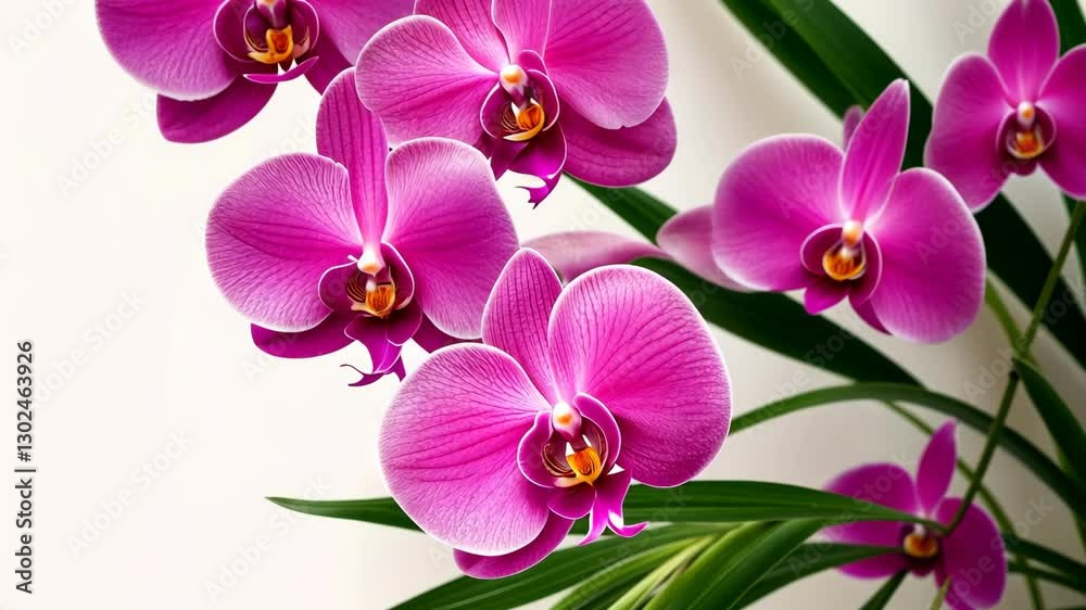 Vibrant pink orchids in full bloom showcasing intricate petals and lush green leaves
