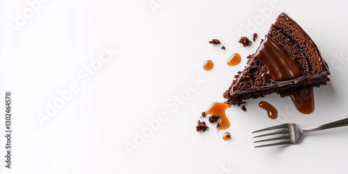 top view of a slice of chocolate cake with a drizzle of syrup and a fork, copy space around, isolated on a white background
