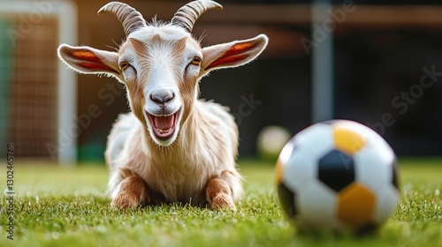 Goat is laying on the grass next to a soccer ball. The goat is smiling and he is happy