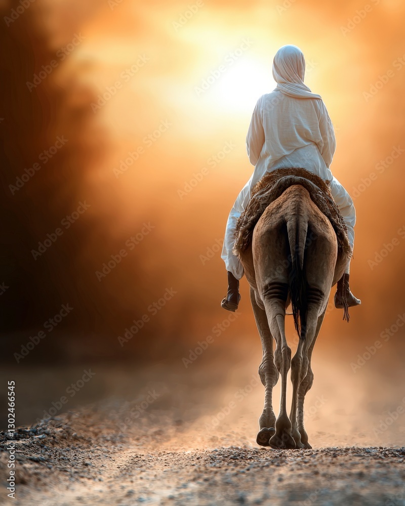 Obraz premium Majestic Sunrise Journey of a Rider on a Camel Through a Desert Landscape at Dusk