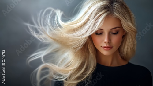 Woman with long blonde hair is standing in front of a grey background. She has a serious expression on her face