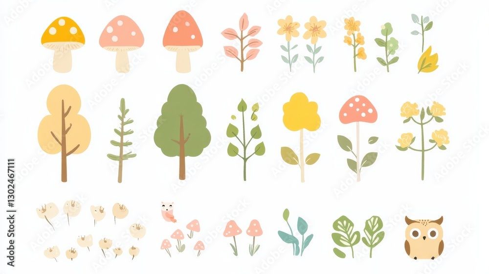 Fototapeta premium Colorful Illustrations of Mushrooms, Flowers, Trees, and Owl for Nature Themes