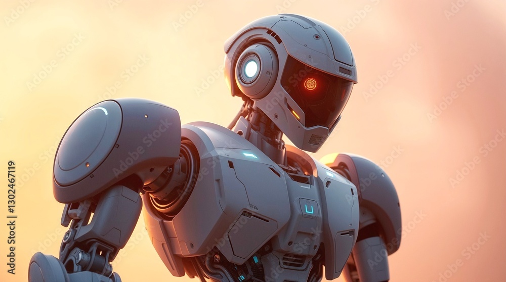 Fototapeta premium Futuristic humanoid robot with glowing red eye at sunset.