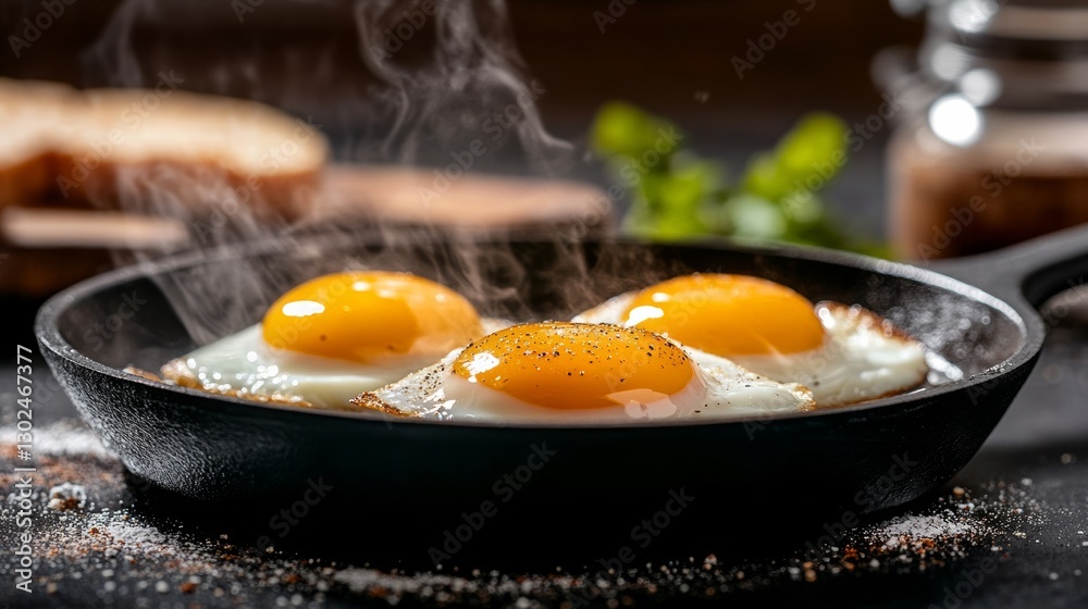 Three eggs are cooking in a pan on a stove. The pan is black and the eggs are yellow Three eggs are cooking in a pan on a stove. The pan is black and the eggs are yellow