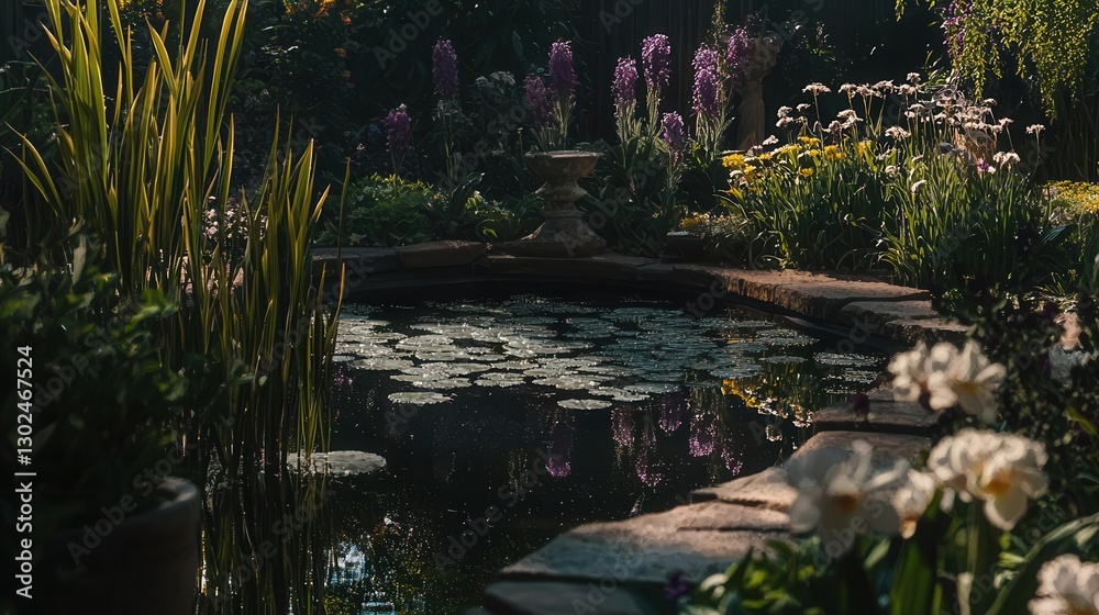 Serene Garden Pond with Blooming Flowers and Lily Pads Serene Garden Pond with Blooming Flowers and Lily Pads