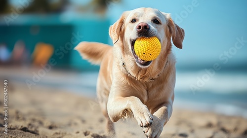 Dog is running on the beach with a yellow ball in its mouth. The scene is lively and playful, with the dog enjoying its time outdoors