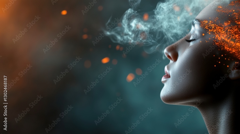 Ethereal Woman Profile with Abstract Smoke and Sparks Creating a Dreamlike Atmosphere in a Dark Background Ethereal Woman Profile with Abstract Smoke and Sparks Creating a Dreamlike Atmosphere in a Dark Background
