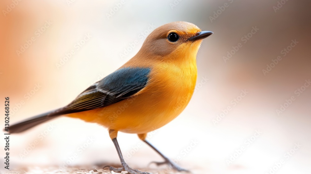 Obraz premium Vibrant Small Bird with Yellow and Blue Feathers on a Soft Blurred Background in Natural Habitat