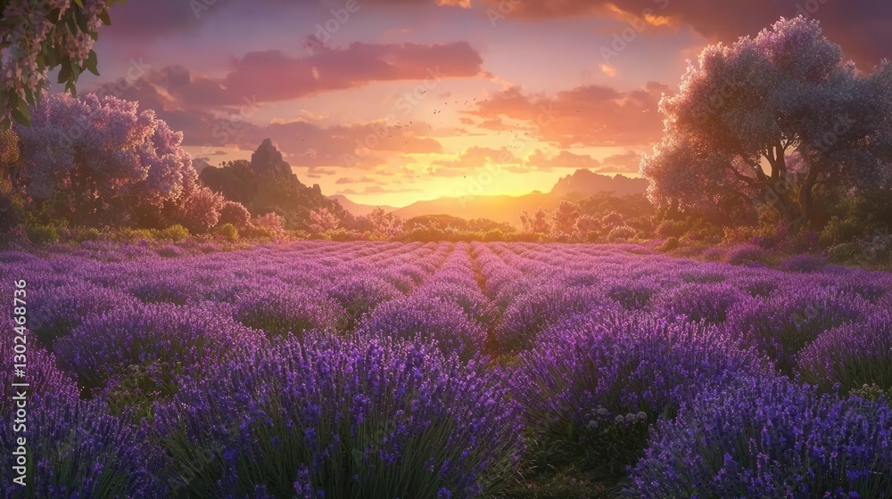 Serene Sunset over Lavender Field Blooming Flowers and Trees Serene Sunset over Lavender Field Blooming Flowers and Trees