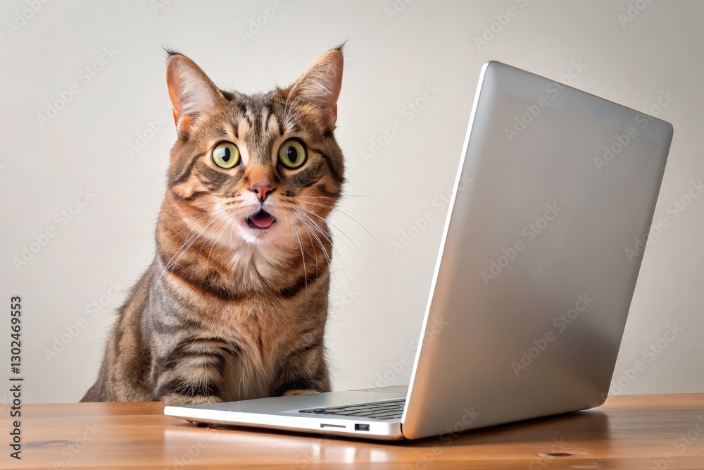Cat Shows Surprise as It Disappears Into a Laptop. Generative AI Cat Shows Surprise as It Disappears Into a Laptop. Generative AI