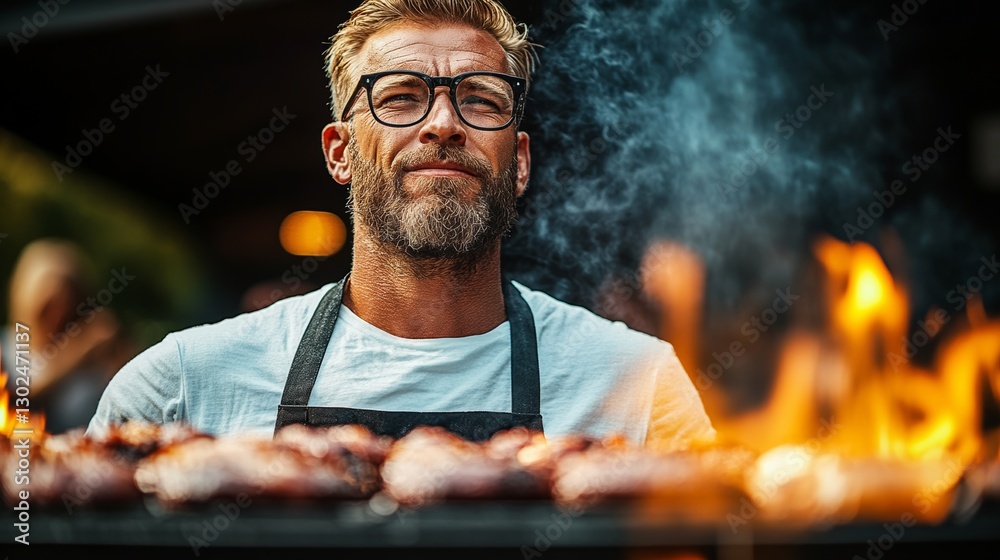 Obraz premium Man with glasses is cooking food on a grill. He is wearing an apron and has a beard. The grill is hot and there is smoke coming from it