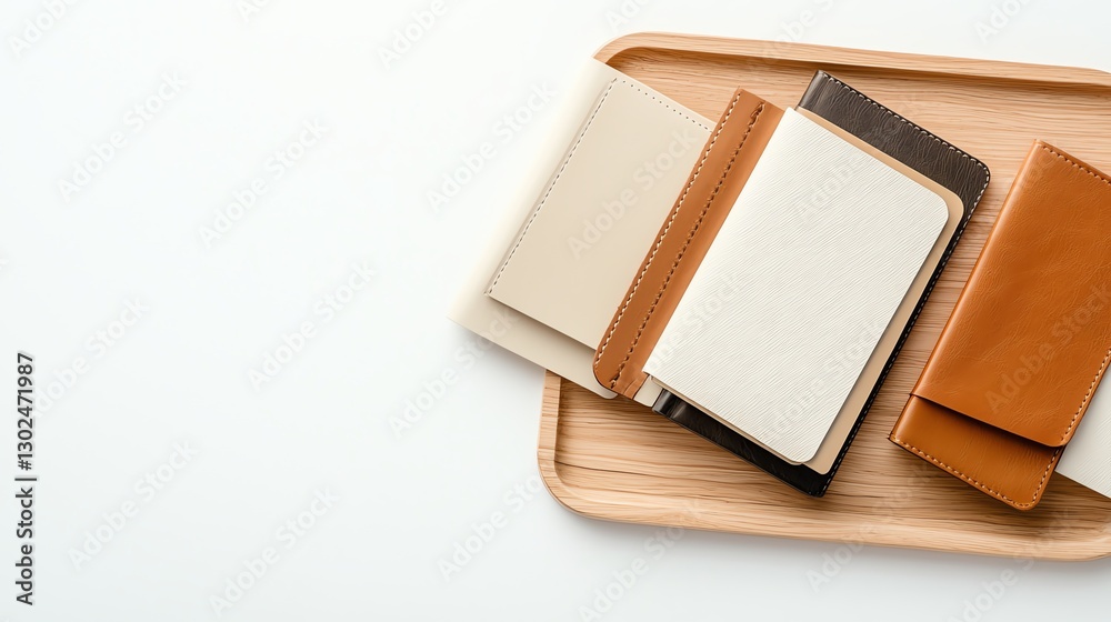 Assorted notebooks on wooden tray, minimalist design concept with neutral tones in a clean space, top view. Assorted notebooks on wooden tray, minimalist design concept with neutral tones in a clean space, top view.