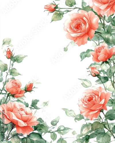 Delicate Coral Roses Framed in Watercolor