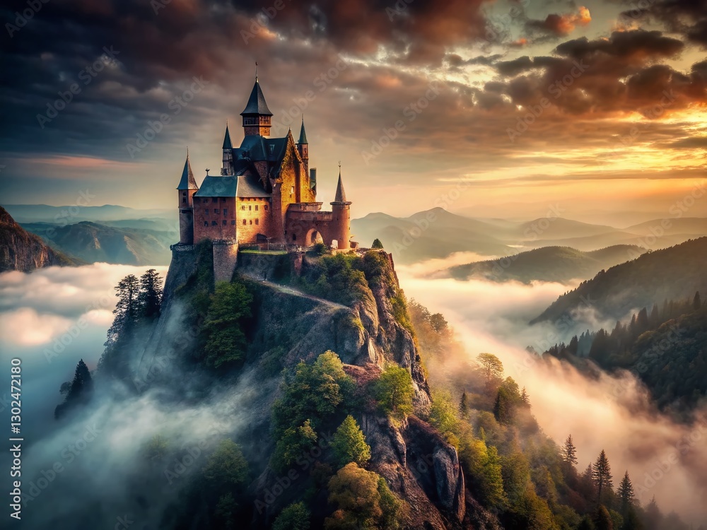 Obraz premium Dark Fantasy Castle Perched on Mountain Peak - Dramatic Landscape Photography