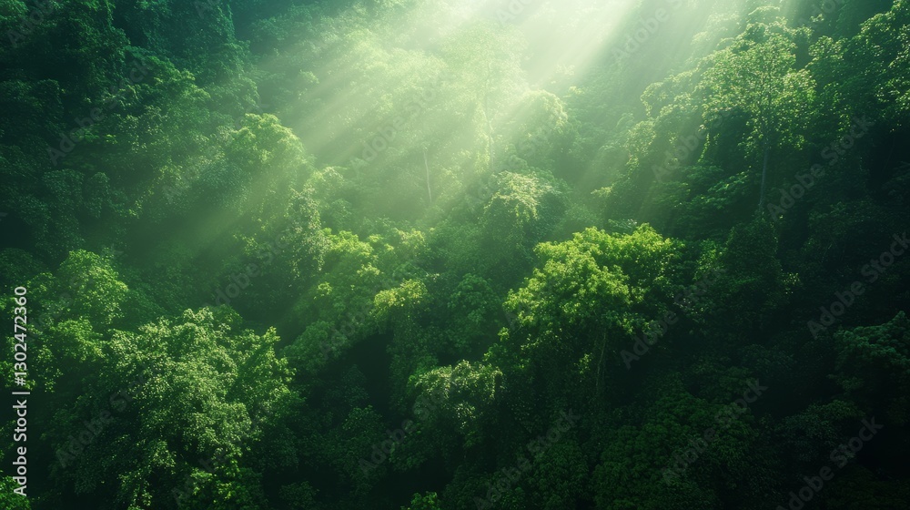 Fototapeta premium Sunbeams Illuminating Lush Rainforest Canopy