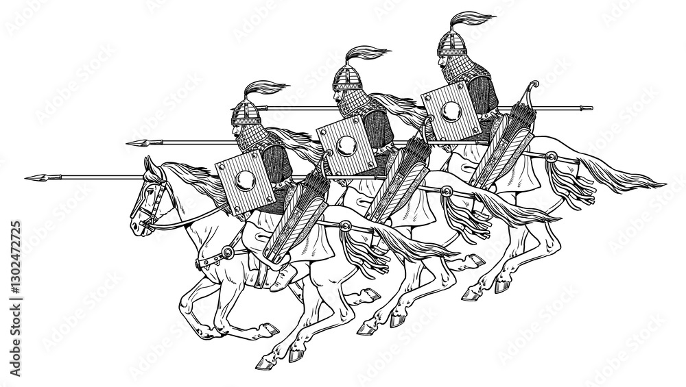 Fototapeta premium Scythian mounted warriors on attack. Historical illustration. Ancient rider.