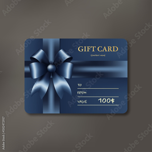 Gift card template with realistic blue bow. Certificate, coupon, flyer design. Discount card for shop or boutique. Vector illustration