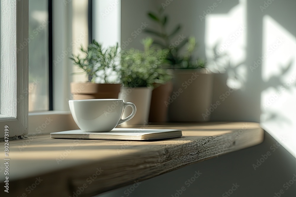 Sunny windowsill, coffee cup, journal, plants, interior design Sunny windowsill, coffee cup, journal, plants, interior design