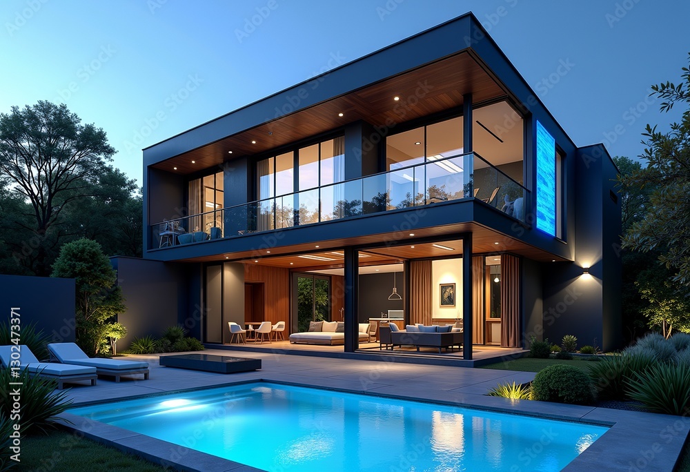 Fototapeta premium Luxury High-Tech Smart Home: Futuristic Design with Fully Automated Systems, Smart Glass, Minimalist Aesthetic, and Seamless Integration for Modern Living Spaces.