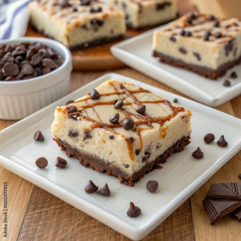 Cookie Dough Cheesecake Bars With Chocolate Chips on Display. Generative AI Cookie Dough Cheesecake Bars With Chocolate Chips on Display. Generative AI