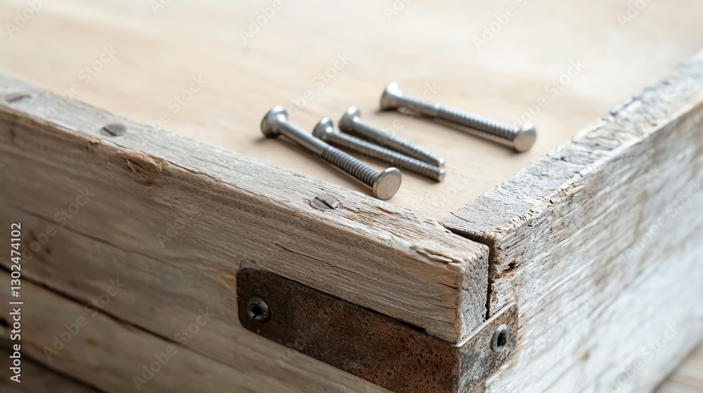 Close-up of screws and a wooden box on a table, showing construction and repair elements in detail. Close-up of screws and a wooden box on a table, showing construction and repair elements in detail.