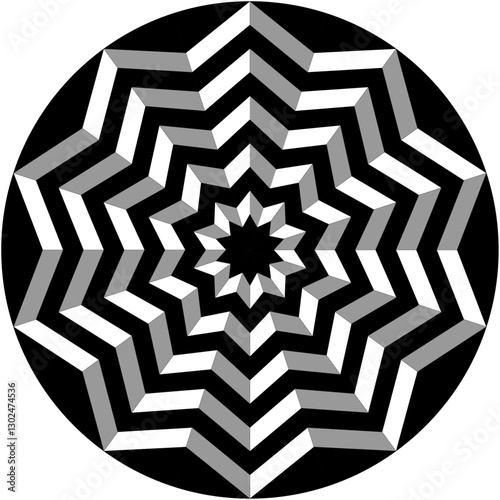 Monochrome optical illusion, concentric stars create a mesmerizing effect with alternating black, white, and grey shades. Vector object with isolated background.