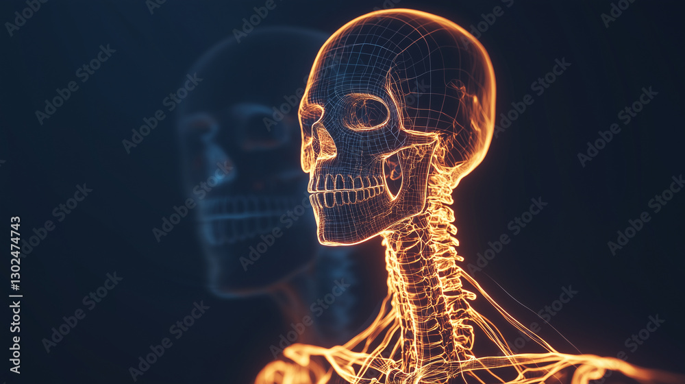 abstract glowing skeleton, x-ray skull, with a high-tech aesthetic, useful for educational materials, tech posters, and fantasy artwork abstract glowing skeleton, x-ray skull, with a high-tech aesthetic, useful for educational materials, tech posters, and fantasy artwork