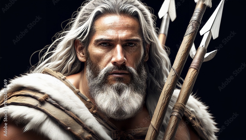 Fototapeta premium Prehistoric cavemen with spears dressed in primitive clothing ancient warriors 