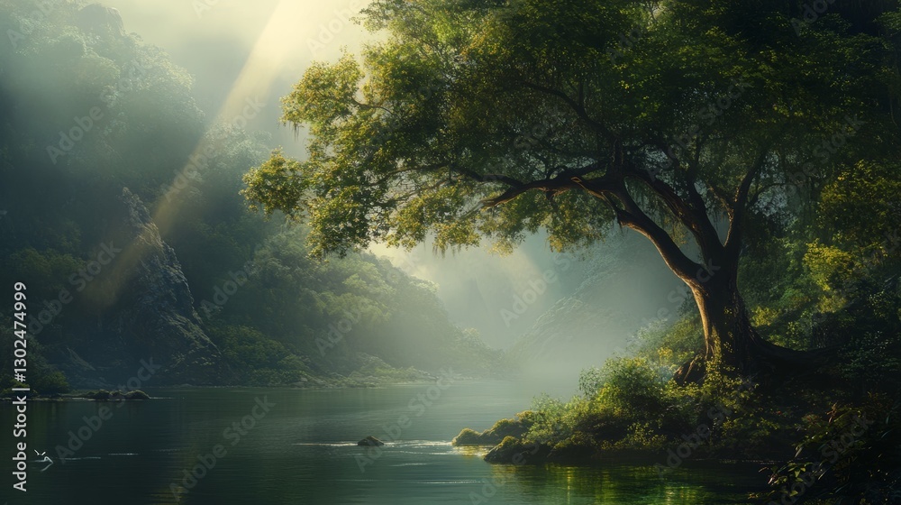 Fototapeta premium Serene River Landscape: Majestic Tree by Tranquil Water