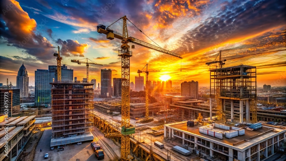 Dawn Construction Site Timelapse: Cranes, Workers, City Development Dawn Construction Site Timelapse: Cranes, Workers, City Development