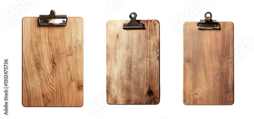 Three wooden clipboards in varying shades and textures, arranged on a white background.