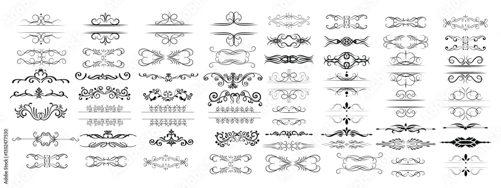 Line dividers. Decorative swirl text separators, vintage divider. Victorian flourishes line calligraphic swirly filigree decoration editable stroke vector set