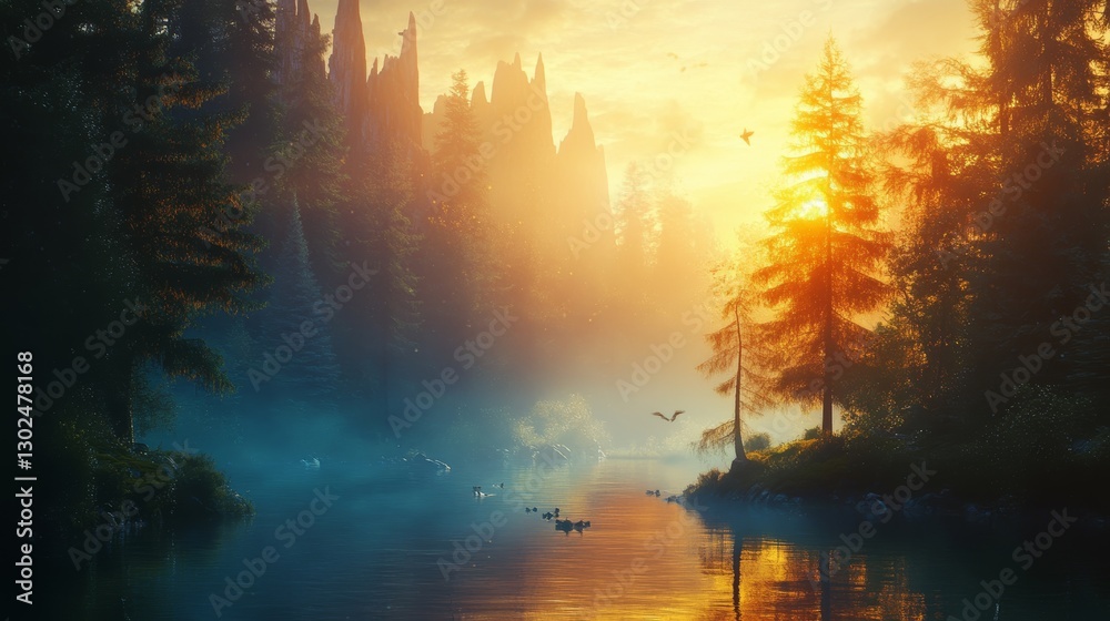 Obraz premium Enchanted Forest River Sunset: A Serene Landscape