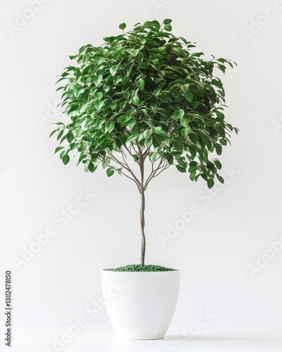 Tall Ficus benjamina weeping fig tree in white pot for elegant indoor decoration and modern interior design
