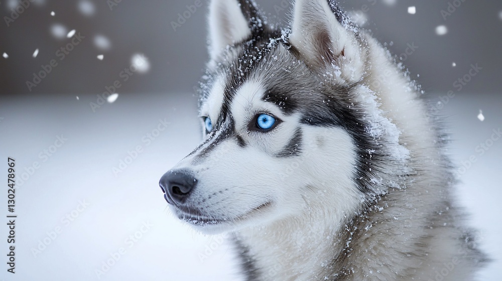 Naklejka premium Siberian Husky with striking blue eyes in snowy weather.