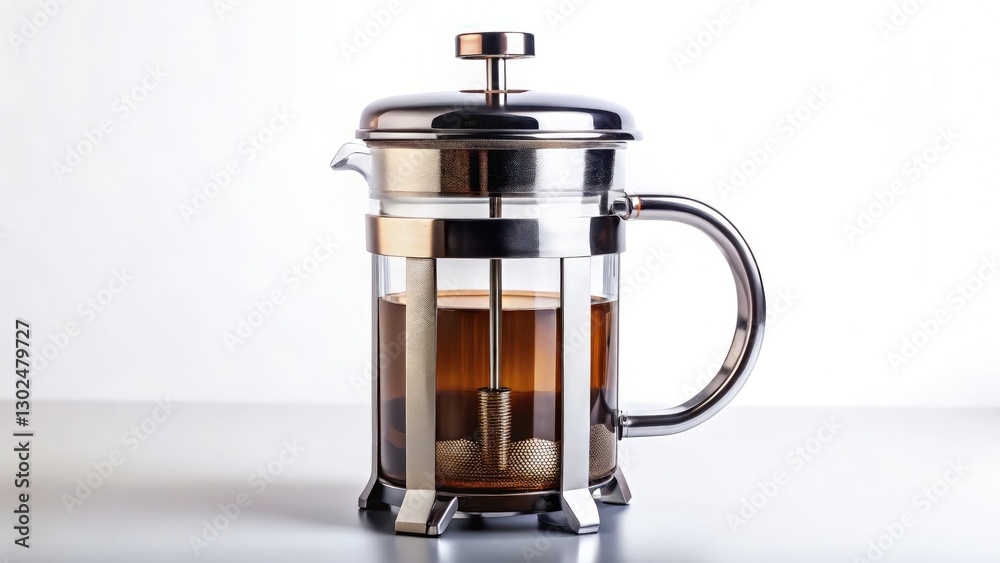 Classic French Press Brewing Rich Coffee on White Surface. Generative AI Classic French Press Brewing Rich Coffee on White Surface. Generative AI