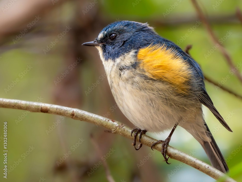 Fototapeta premium 森の中の木陰で枝に留まって周りを見渡しているルリビタキの雄