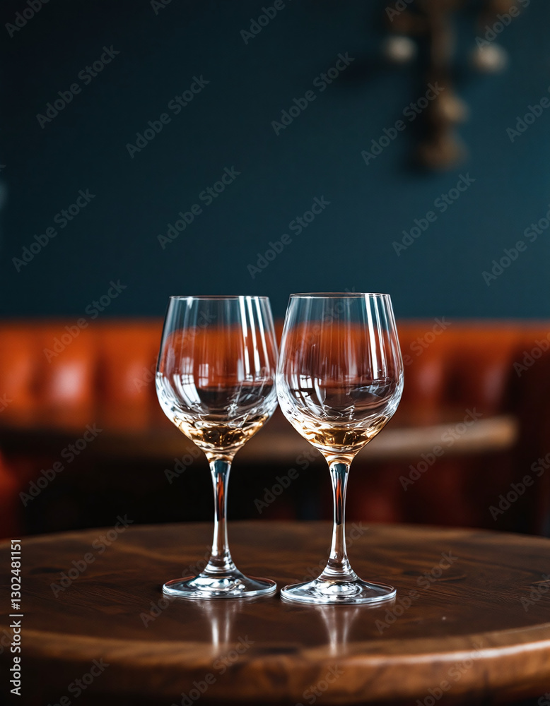 Elegant White Wine Glasses on Wooden Table with Cozy Background Elegant White Wine Glasses on Wooden Table with Cozy Background
