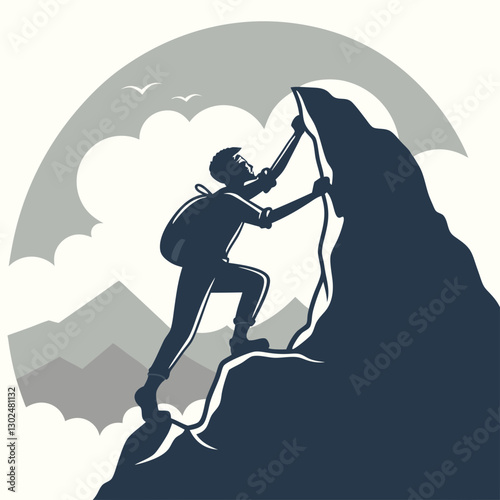 Determined Climber Scaling Mountain Peak Silhouette