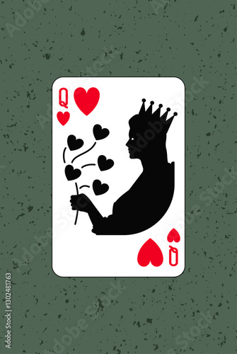 Queen, Hearts suit. Poker gambling playing printable card. Vector illustration. Cartoon character silhouette. A woman with a crown and a flower. Design number 2.