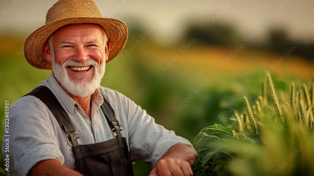 Fototapeta premium Man wearing a straw hat and apron is smiling and sitting in a field of green plants