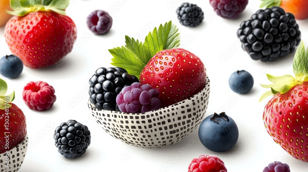 Bowl of fruit with strawberries, blueberries, and raspberries. The bowl is white and the fruit is colorful Bowl of fruit with strawberries, blueberries, and raspberries. The bowl is white and the fruit is colorful
