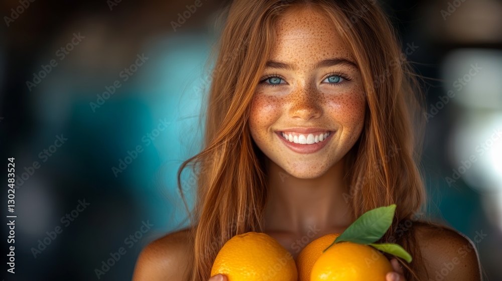 Woman with red hair is holding two oranges and a leaf. She is smiling and she is happy Woman with red hair is holding two oranges and a leaf. She is smiling and she is happy