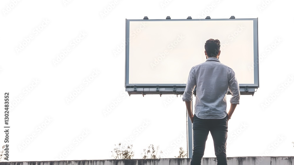 Fototapeta premium A professional businessman presenting a billboard advertising strategy on a tablet, isolated on a white background.